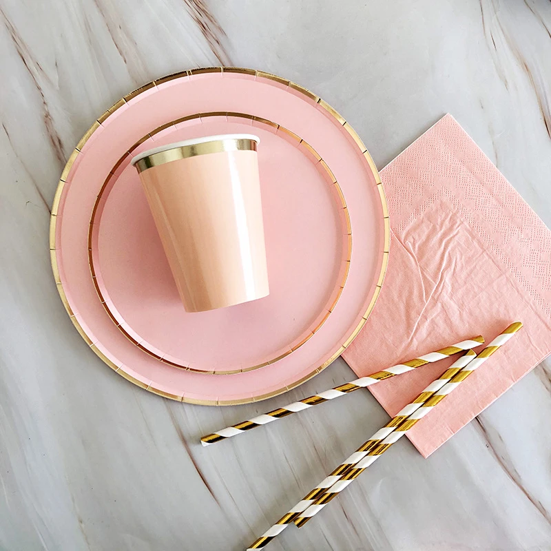 

64pcs/set Gilding Disposable Tableware Wedding Party Pink Round Paper Plates Cups Napkin Birthday Baby Show Party Decor Supplies