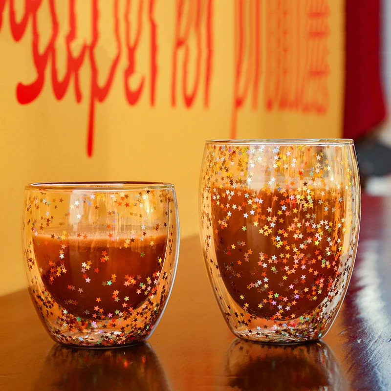 Transparenter, doppelschichtiger Glasbecher mit Sternenhimmel, Frühstücksmilch, Kaffeetasse, Saftbehälter, Valentinstagsgeschenk, Küchenbedarf_voghion.com