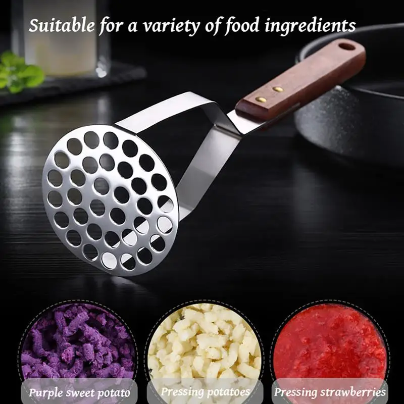 Stainless Steel Heavy Duty Potato Masher with Wooden Handle for Mashed