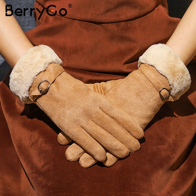 BerryGo/модные теплые меховые толстые зимние перчатки для женщин, для вождения на открытом воздухе, Женские Перчатки, варежки, замшевые ветрозащитные женские перчатки