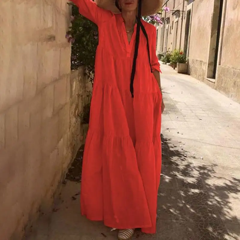 

VONDA Women Elegant Long Dress Stylish Long Holiday Dresses 2020 Kaftan Dress Autumn Long Sleeve Solid Sundress Femme Robe 5XL