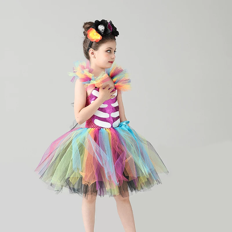 Day of the Dead Girl Skeleton Fancy Tutu Dress Halloween Dress Up Party Kids Baby Costume Funky Punk Bones Tutu Dress for Girls (9)