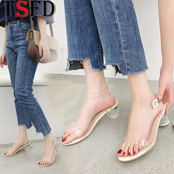 

Summer Shoes Woman Round Heel 2020 Sandals Buckle Sandles Women Hollow Out Chunky Heels Crystal Sandals Women's Open Toe Shoe J2