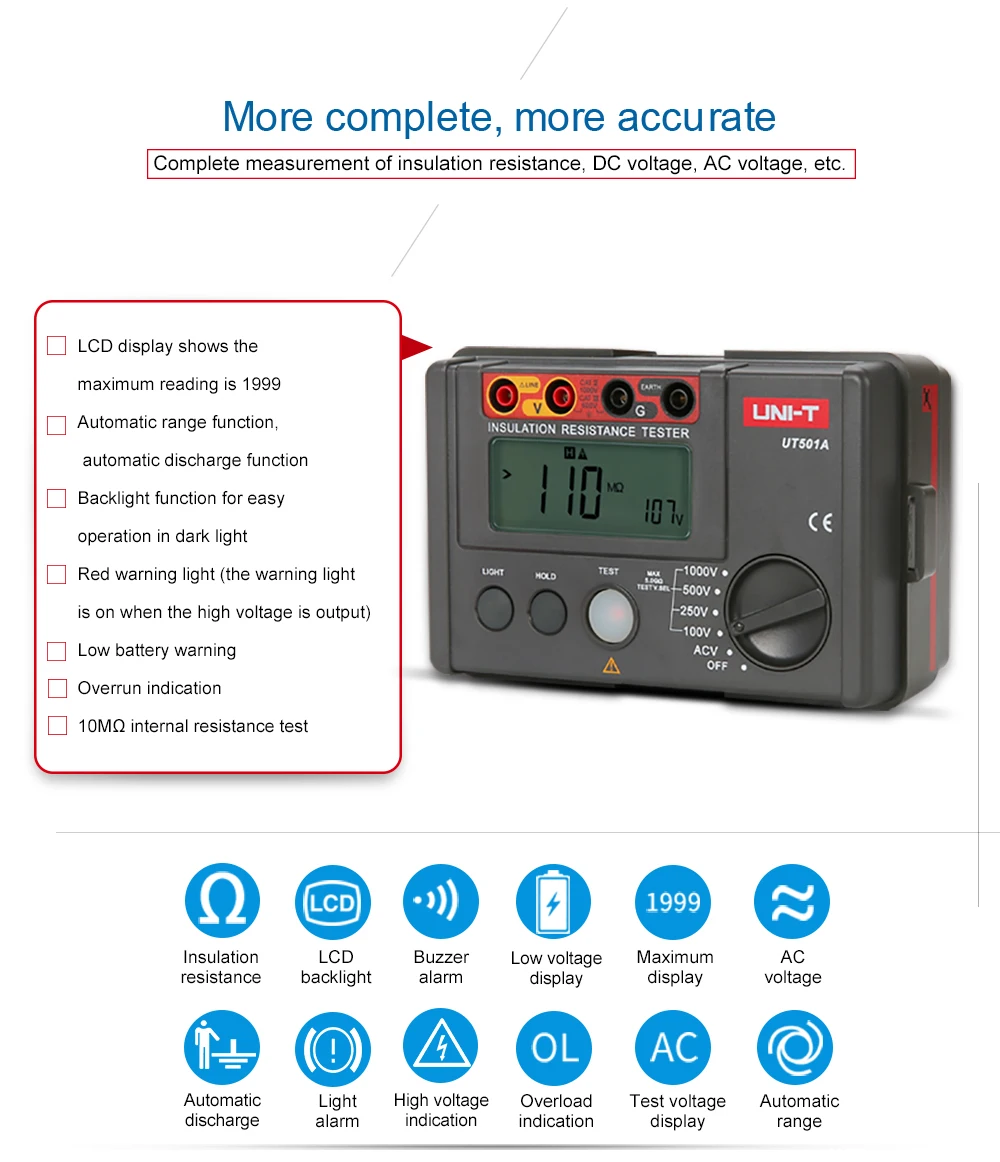 UNI-T UT501A тестер сопротивления изоляции автоматическим переключением 100 v-1000 v Измеритель сопротивления заземления Мегаомметр 30V~ 750V Вольтметр переменного тока