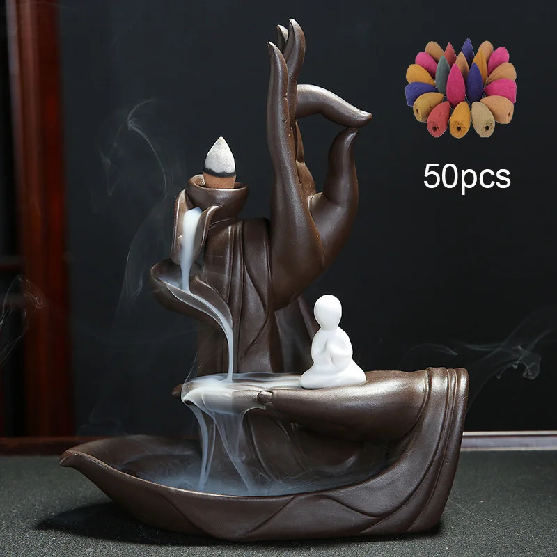 2 with 50cones Керамическая горелка для благовоний с обратным потоком, держатель для рук монаха Будды, большая башня, курильница, конусы для благовоний, дым, дропшиппинг - Цвет: 2 with 50cones