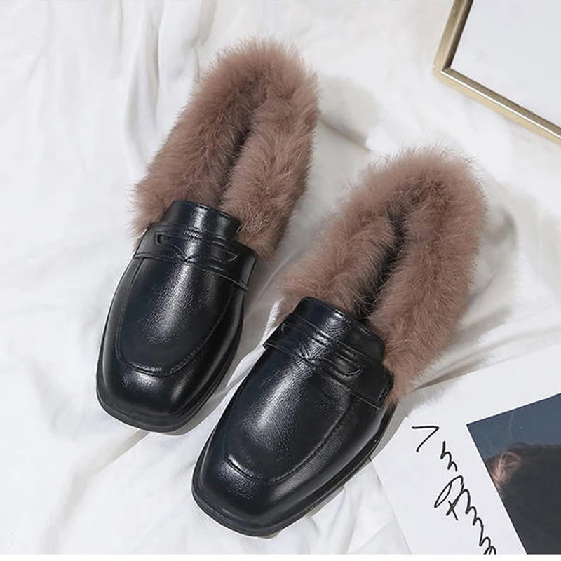 Женские Кожаные Туфли-оксфорды на кроличьем меху Модные зимние туфли плоской