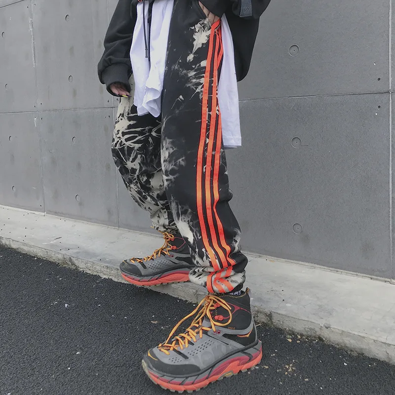 

Punk-Inspired Streetwear Smoke Print Tie Dye Sweatpants Men/Women Three Stripes Sweat Pants Mens Hip Hop 3-stripes Jogger