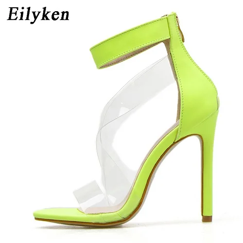Eilyken/летние флуоресцентные зеленые женские босоножки на высоком каблуке с открытым носком; женские прозрачные босоножки из ПВХ на молнии с ремешком вокруг щиколотки - Цвет: Green