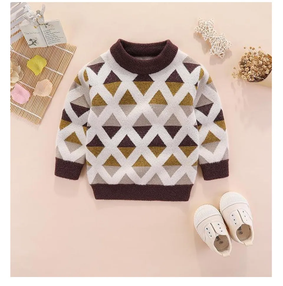 Autumn& Winter Girl& Boy Warm Sweaters O-Neck Leisure Plaid No Access Control Knitted Tiny Cottons Tops Ribbed Sweater M