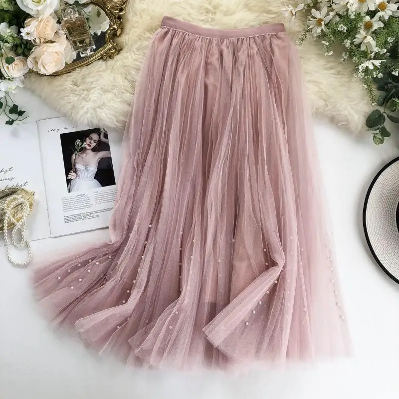 Foamlina/Повседневная сетчатая юбка для девочек однотонная двухслойная плиссированная юбка с высокой эластичной резинкой на талии, украшенная бисером Новинка года, шикарная Женская Осенняя юбка миди