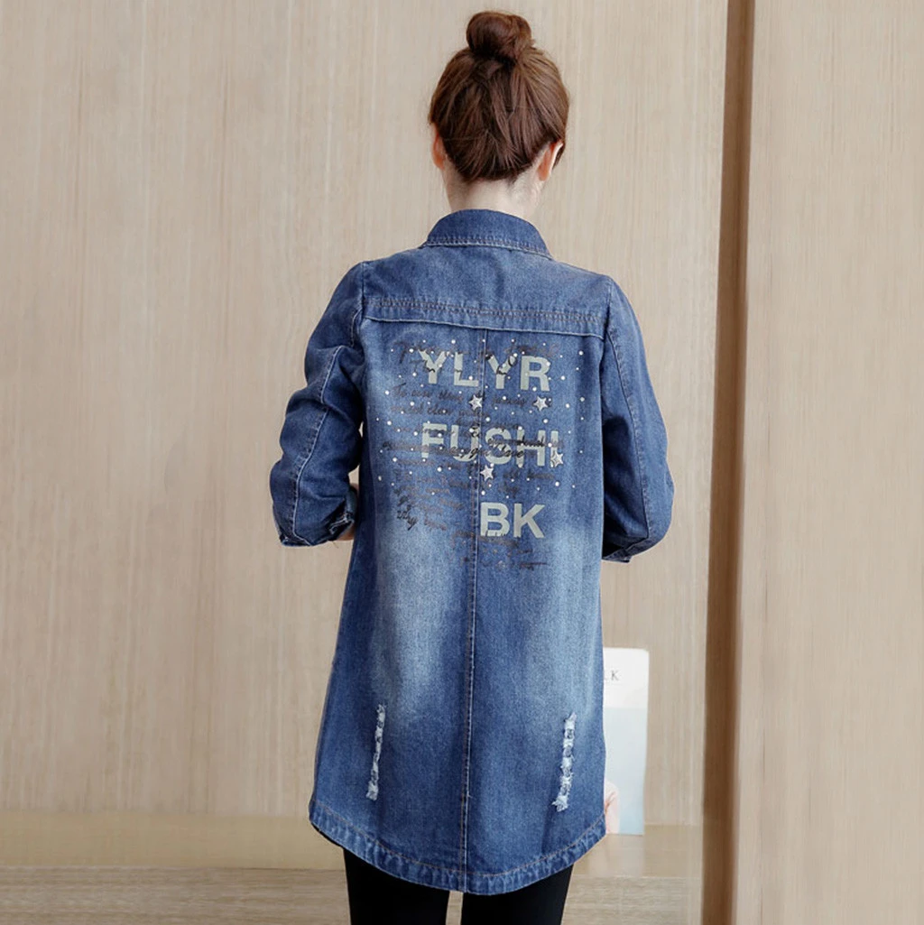 CHAMSGEND Basic Long Jeans Coats Women Slim Ripped Denim Loose Beading Hole Jacket Elegant Vintage Frayed Outwear 1008