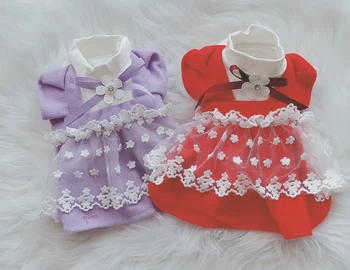 

Red Purple Colors Lace Decor Dog Clothes for Autumn and Winter Pet Skirts with Flower Decoration Cute Sweet Woolen Skirt for Dog