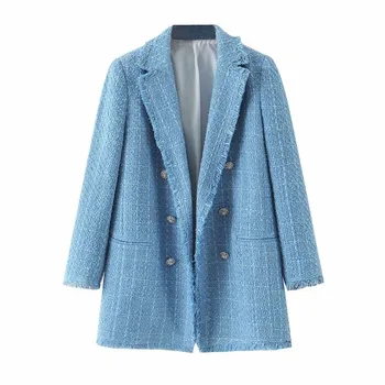 

New Youth Fashion Cardigan Sleeveless Blue Tweed Tweed Jacket Plaid Blazer Double Breasted Coat 2020 Women