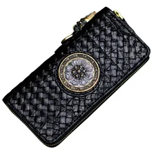 Unisex handmade wallet Crocodile leather woven long zipper bag Vintage Chinese style leather vertical wallet