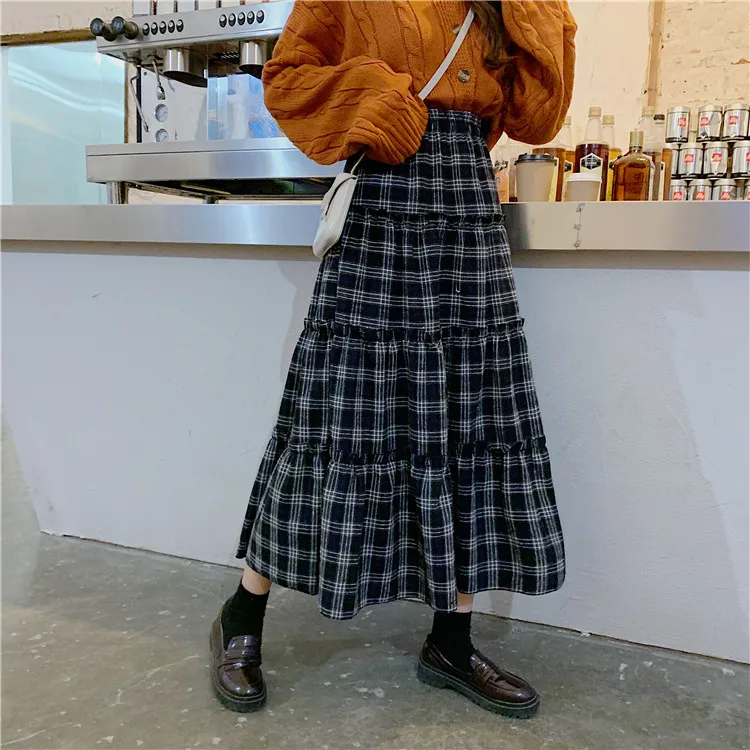 Faldas mujer moda, до середины икры, в клетку, а-силуэт, с оборками, консервативный стиль, новинка, весна-осень, женская одежда, высокая талия, юбки, модный бренд