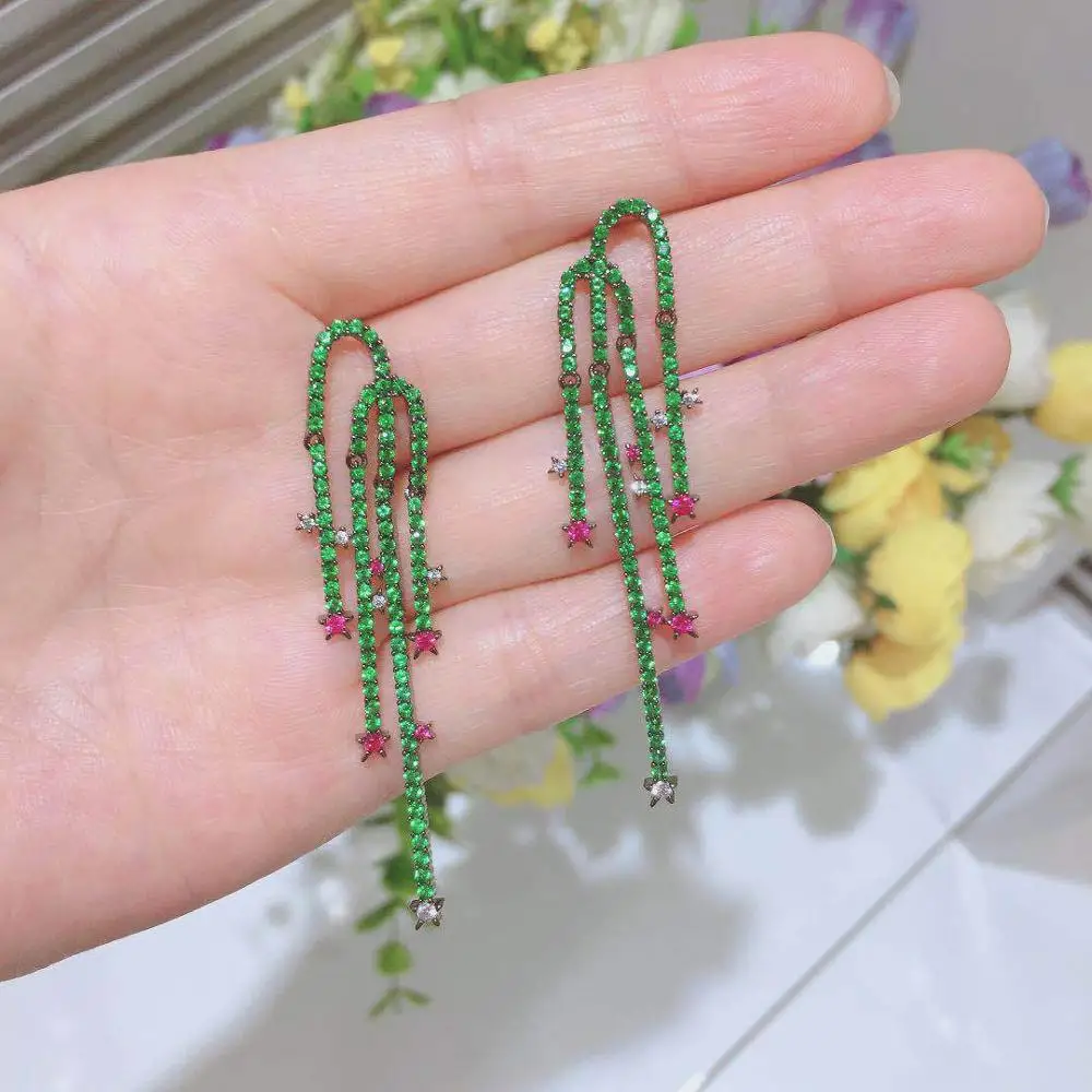 Модные корейские зеленые cz длинные серьги с кисточками для женщин