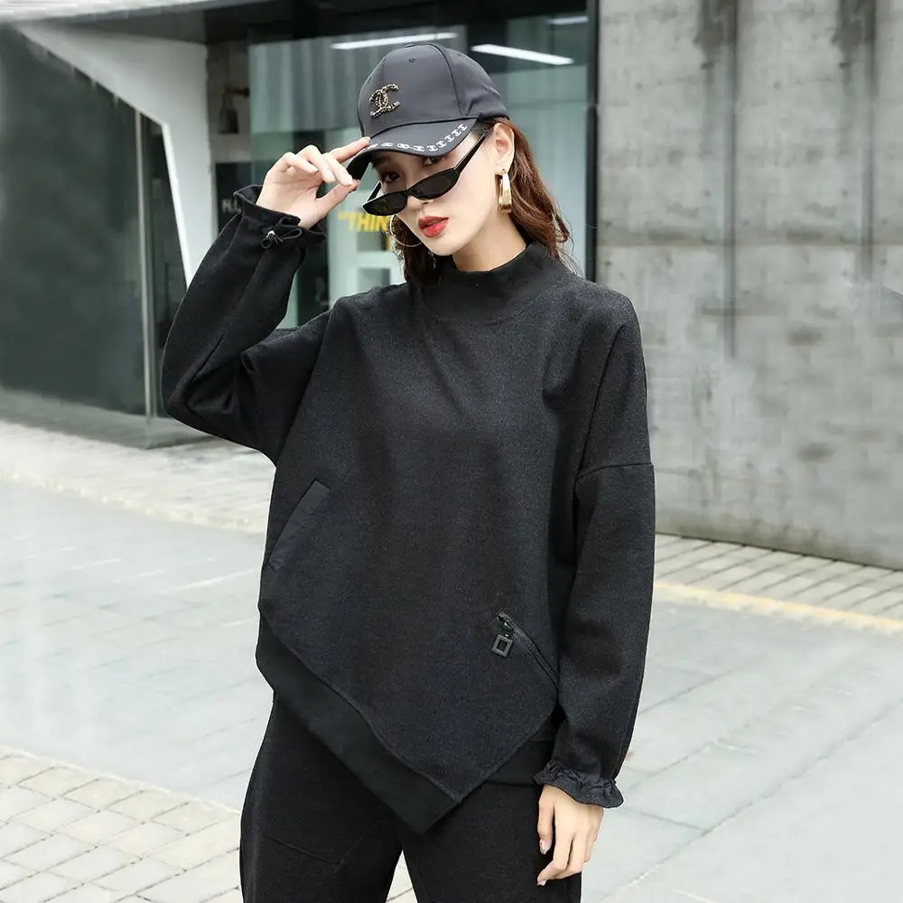 

2020 New Autumn Winter Long Sleeve Black Big Size Zipper Irregular Hem Split Joint Sweatshirt Women Fashion Tide