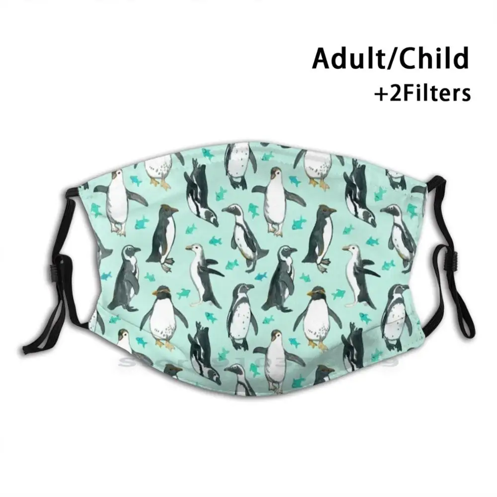 

Lots Of Little Penguins On Mint Cute Reusable Mouth Face Mask With Filters Kids Penguins Watercolor Fish Mint Green Black White