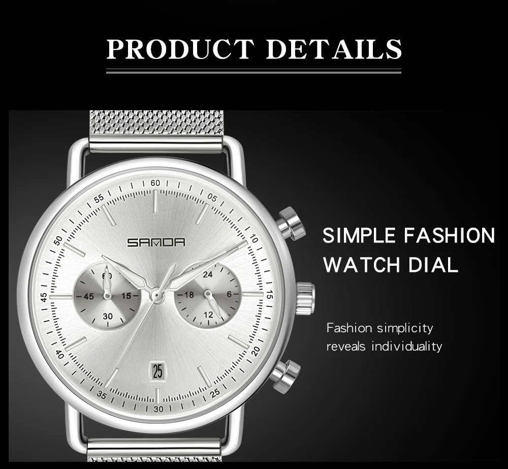 

SANDA Men's Fashion Watch Mesh Calendar Quartz Sport Watches Business Casual Watch for Man Clock Montre Homme Relogio Masculino