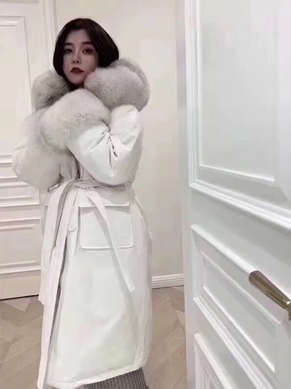 Корейский стиль, модный пуховик для женщин, средней длины,, стиль, двойной воротник из лисьего меха, белый утиный пух, толстое теплое пальто, модное