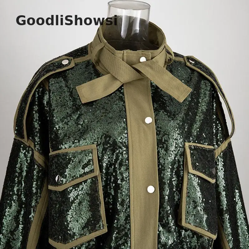 GoodliShowsi Новое поступление модные женские стильные куртки с блестками в стиле пэчворк со стоячим воротником и карманами неправильного размера плюс укороченные топы