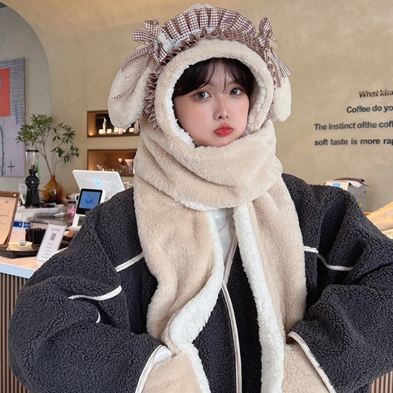 

Sweet Lolita Hat Scarf Gloves w/Pockets Warm Cartoon Rabbit Ear Hoodie Hat Gift for Halloween Xmas New Year Thanksgiving