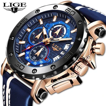 

LIGE Watch Mens Top Brand Luxury Military Quartz Large Dial Leather Waterproof Chronograph Sport Men Watches Relogio Masculino