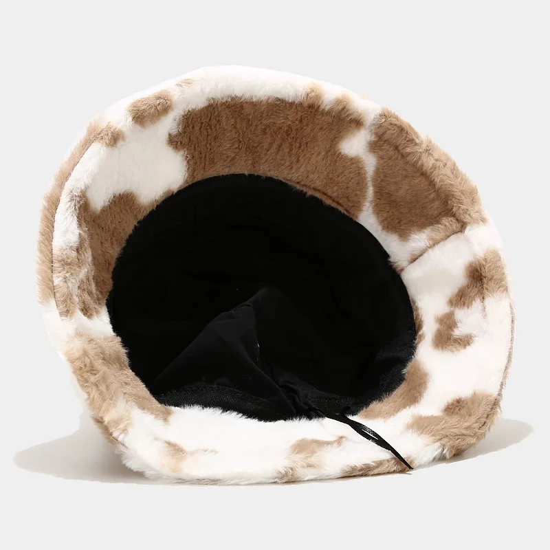 New Winter Cow Print Plush Bucket Hats for Women Tourism Outdoor Warm Hat Soft Velvet Fisherman Cap Lady Fashion Panama Present fluffy bucket hat