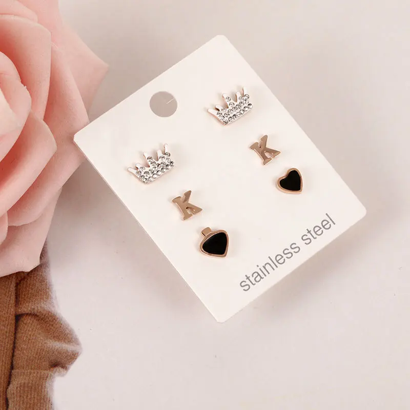 Набор сережек из хирургической стали, 3 пары/карта, смешанный стиль, корона, сердце, буква, серьги-гвоздики, маленькие серьги Brinco для женщин, девушек, для офиса