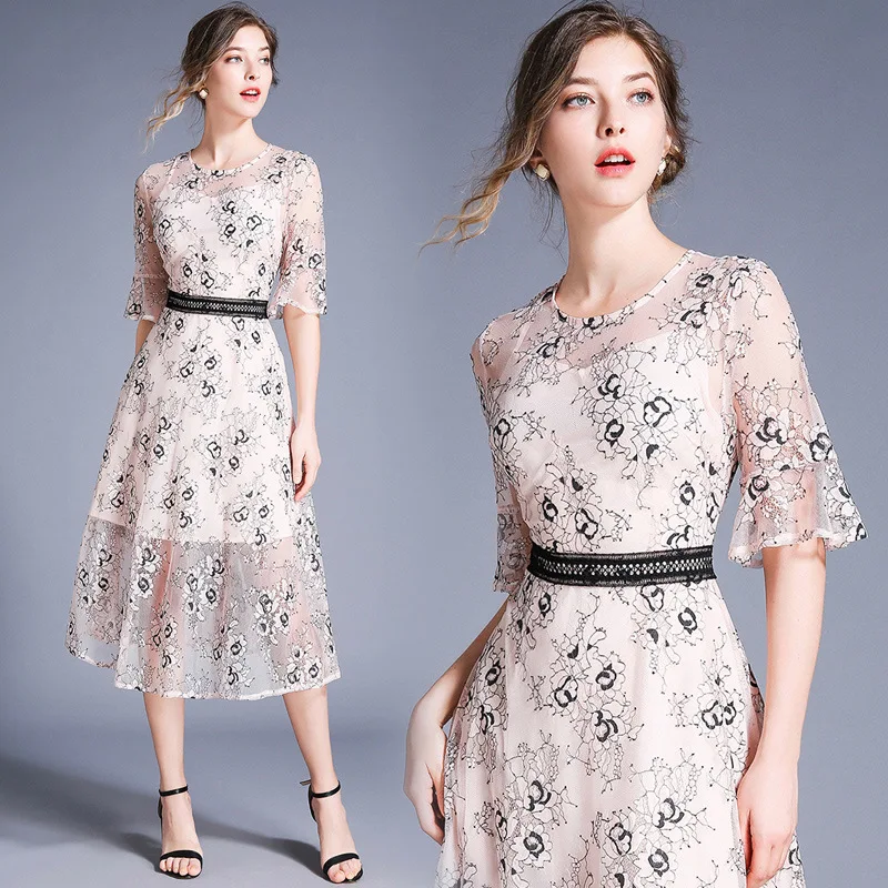 

2019 Summer New Style Women's Dress Lace Short Sleeve Ladies' Mid-length Joint Floral Printed Dress Hot Selling