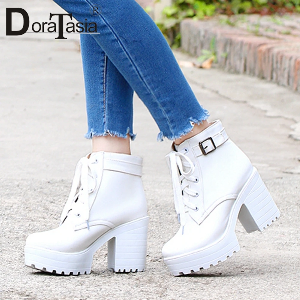 

DORATASIA Concise Female lace-up Platform Boots Office Cool Autumn Boots Women Hot Sale High Block Heels Ankle Shoes Woman