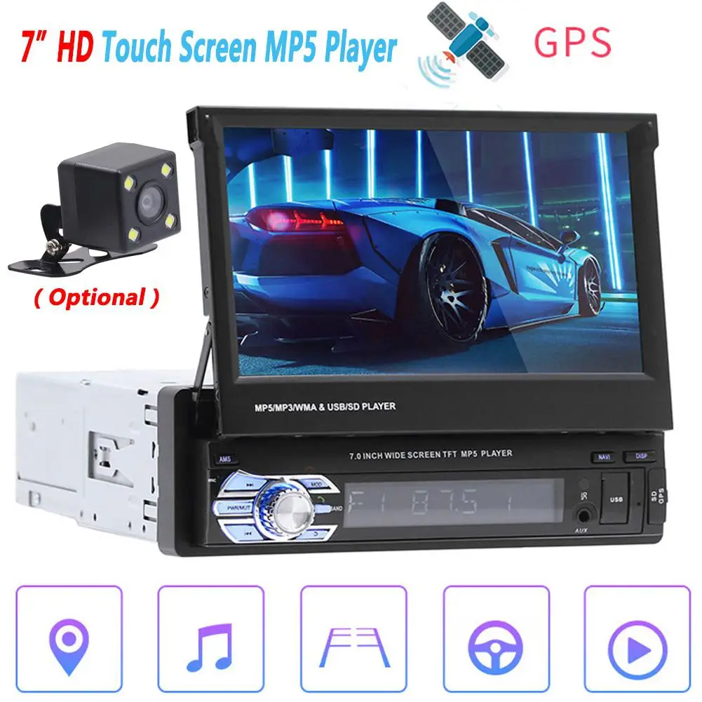 

7 Inch Bluetooth Car MP5 Player AM FM Radio Touch Screen GPS Navigation Retractable 1 DIN USB Receiver Auto Accessories