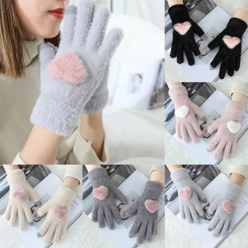 

Winter Telefingers Gloves Touch Screen Plush Love Heart Knitted Gloves Haling Hands Women's Gloves Outdoor Soft Warm Mittens