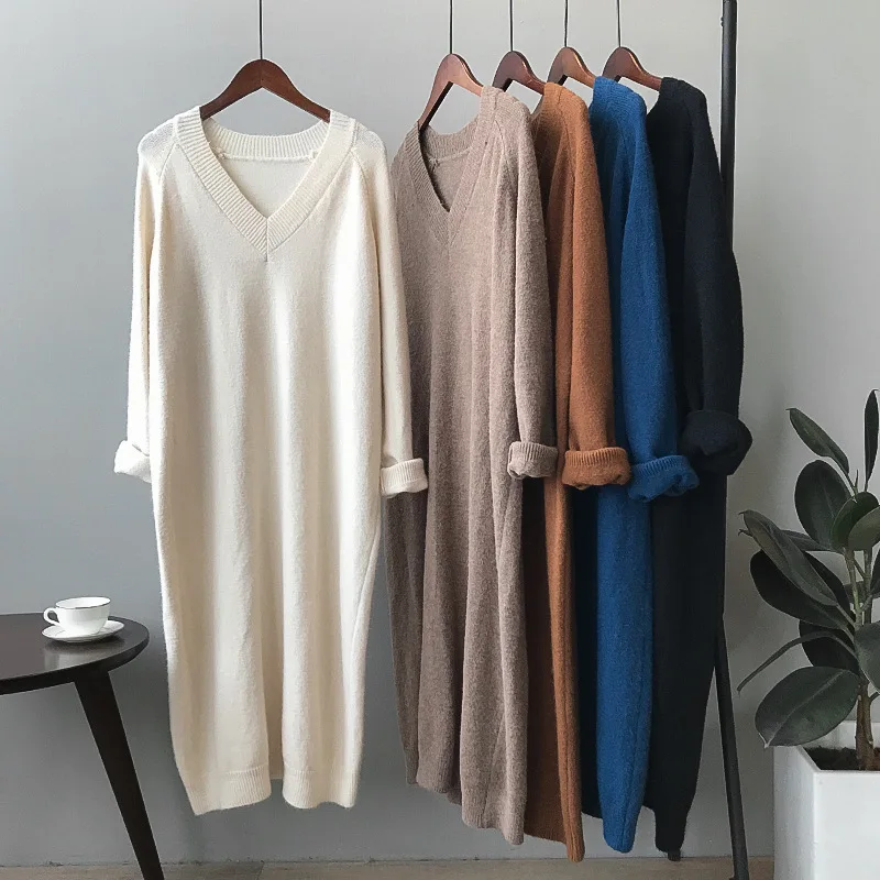 

New Autumn Winter Women Knitted Dress V-neck Sweater Dresses Long Sleeve Bottoming Dress Vestidos plus size dress