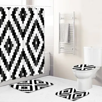 

T Classic Black and White Shower Curtain Bathroom Carpet 3D Bath Mat Anti-slip Toilet Rugs Set for Home Decor Partition Curtain
