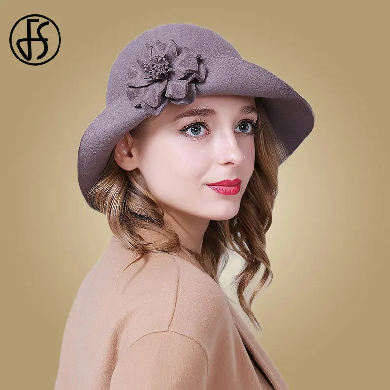 Gray Wool Fedora Женская винтажная широкополая шляпа FS, фетровая шляпа из шерсти с декоративным цветком, красного цвета, на осень/зиму - Цвет: Gray Wool Fedora
