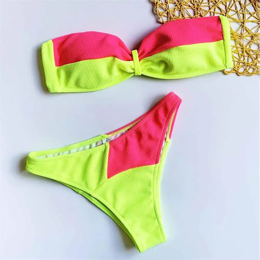 Yellow Pink Новинка, бандо, контрастное бикини, купальник для женщин,, женская одежда для плавания, комплект бикини из двух предметов, ребристый купальник, купальный костюм, одежда для плавания, V1697 - Цвет: Yellow Pink