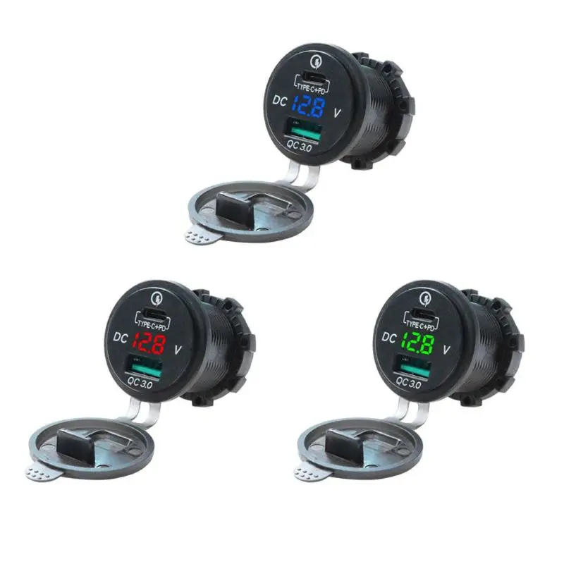 Водонепроницаемый 12V 24V Тип C PD КК 3,0 USB Автомобильное зарядное устройство со светодиодом вольтметр Мощность адаптер для смарт-телефонов и планшетных лодка мотоцикл YHQ