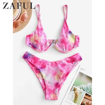

ZAFUL Underwire Tie Dye Bikini Swimsuit V Wired Printed Steel Ring Bikini High Cut Bikini Push Up Bikini Removable Padded 2020
