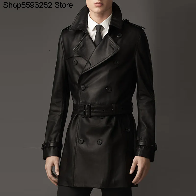 

Genuine Leather Leather Coat Male Medium Length Thin Section Windbreaker Coat Trend Sheep Leather Double Row Buckle Suit Collar