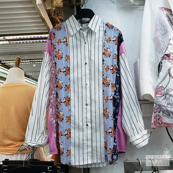 

Loose Oversize Blouse Tops New Lapel Floral Mixed Color Stripe Print Mid-Length Shirt Women's Fashion Blouses Long Sleve Blusas