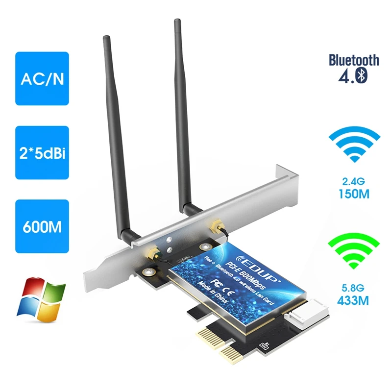 EDUP PCI-E 600 Мбит/с WiFi карта Bluetooth 4,0 адаптер 2,4 ГГц/5 ГГц Двухдиапазонная беспроводная сетевая карта с антеннами для настольного ПК