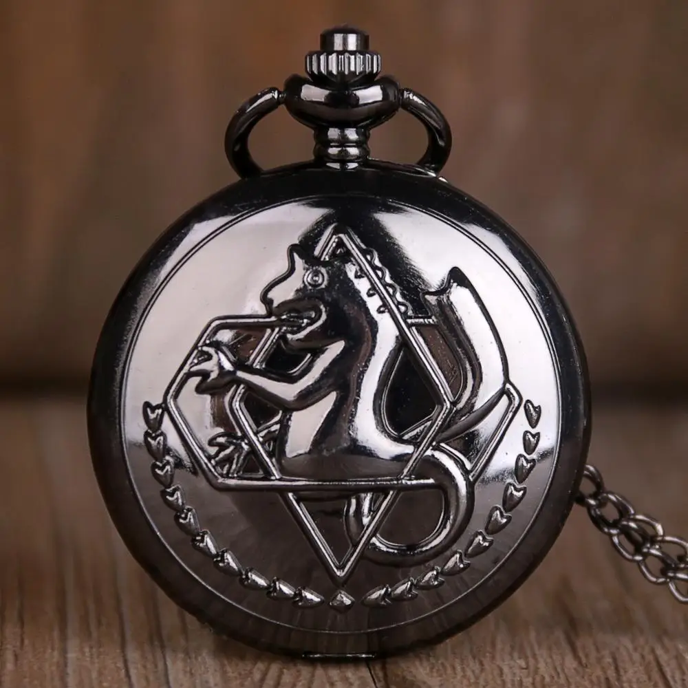 Черные Уникальные кварцевые карманные часы Elric с ожерельем на цепочке Аниме