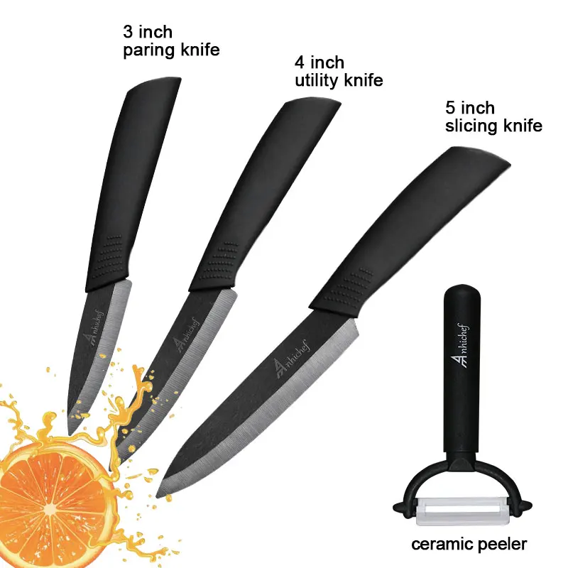 3 Black Handle set Кухонные ножи, керамический нож " 4" " 6" дюймов, японский нож с цирконием, черное лезвие, для очистки овощей, фруктовые керамические ножи, набор для приготовления пищи - Цвет: 3 Black Handle set