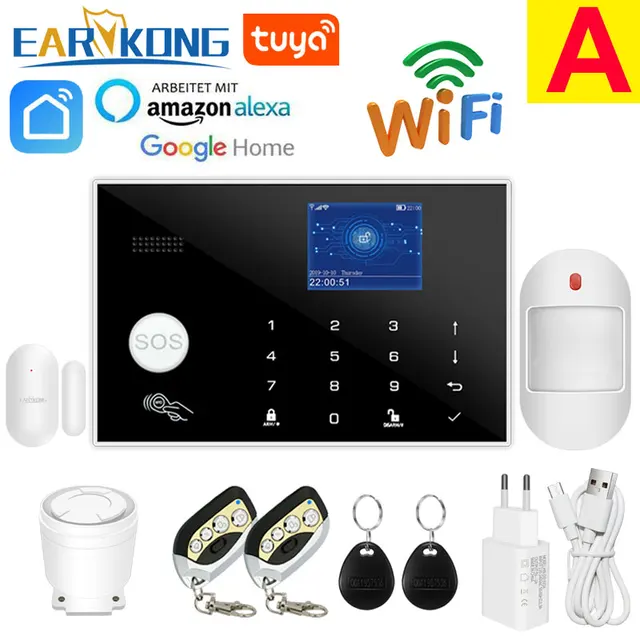 Wifi GSM Alarm System 433MHz Home Burglar Security Alarm Wireless Wired Detector RFID Touch Keyboard Temperature Humidity Alexa A