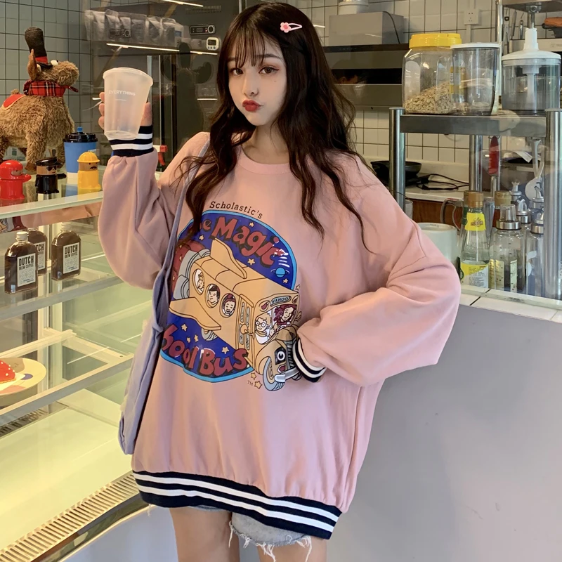 Осенняя Женская толстовка с капюшоном Babydoll Kawaii с изображением автомобиля, топы в полоску с графическим принтом, свободные топы с длинными рукавами в Корейском стиле, Белые и розовые