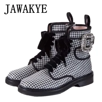 

2020 Winter New Arrival Houndstooth Motorcycle Boots Buckle Strap Flat Heel Martin Boots Popular Winter Shoes Women Ankle Boots