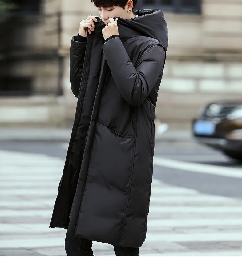 Black Gray Long Winter Down Jacket Men Thick Warm Hooded Loose Solid Outerwear Fashion Windproof Overcoat Mens Clothes YT50206