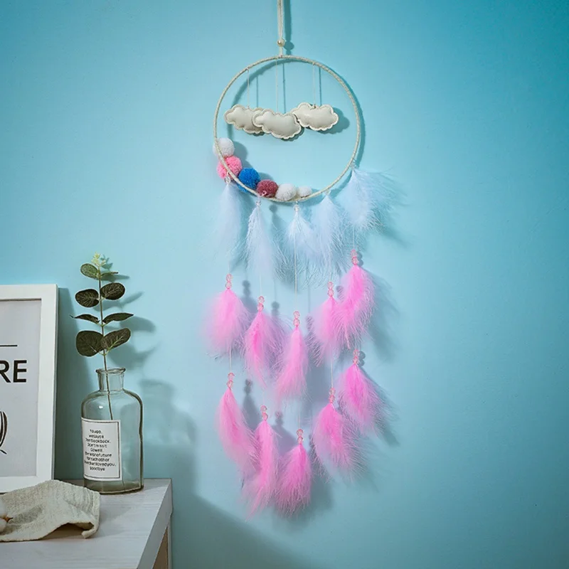 

Cloud Dream Catcher Handmade Feather Dreamcatcher Girl Room Bell Wall Hanging Feathers Wind Chimes Home Decor(Without Light)
