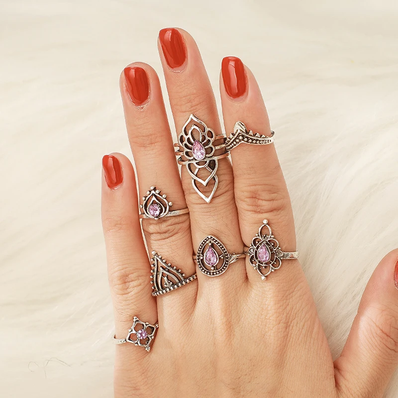 Tocona модный антикварный серебряный со стразами набор колец фиолетовый обручальное кольцо миди кольца на фаланг пальца Бохо ювелирные изделия 4438
